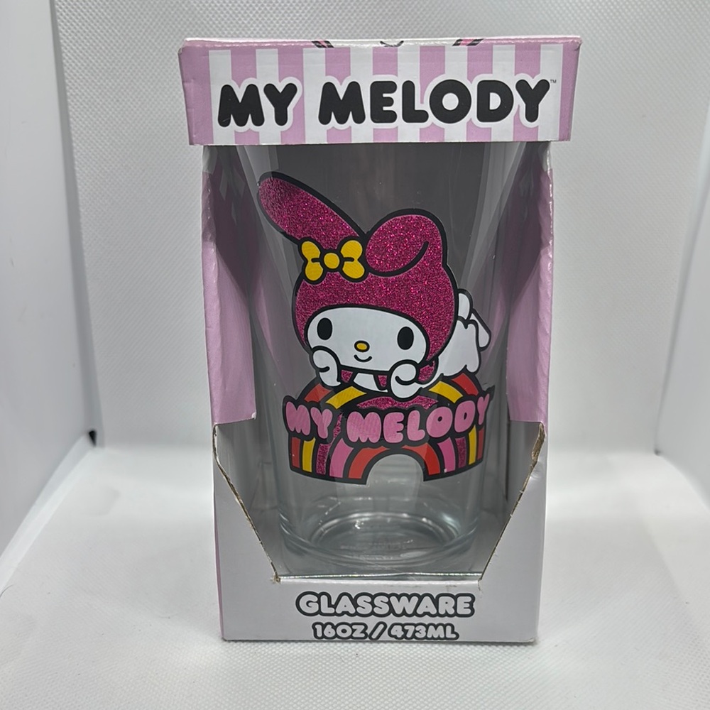 Hello Kitty My Melody Pink and White Glass 16oz NIB